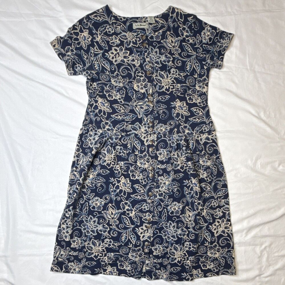 Vintage L.L.Bean Blue White Floral Button Front Knee Dress Petite SM 100%cotton